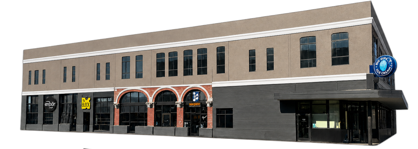 Cory Block long facade showing the street-level storefront locations